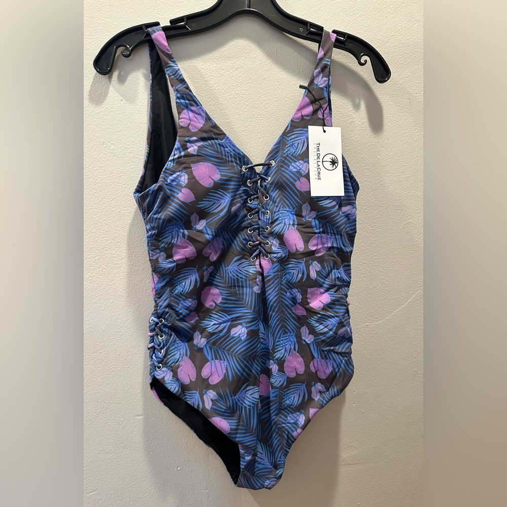 The Delacruz Lace-Up One-Piece Swimsuit in Blue & Purple Leaf Print